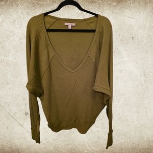 Free People Olive Waffle Knit Top Small Oversized Dolman V Neck Slouchy